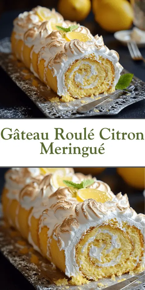 Gâteau roulé citron meringué doré, tranché, garni de crème au citron et recouvert de meringue gratinée, présenté sur un plat blanc.

