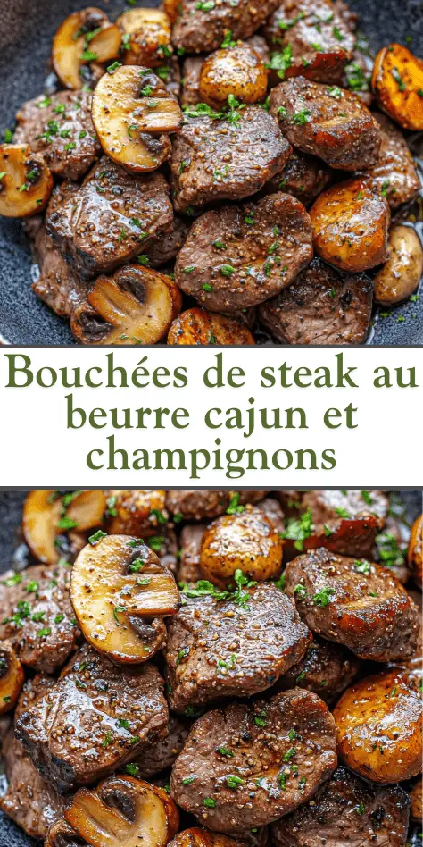 Bouchées de steak nappées de sauce crémeuse aux champignons, parsemées de persil frais, servies dans une grande poêle noire.