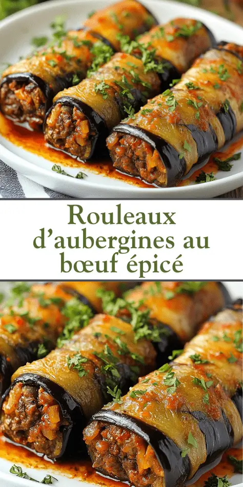 Rouleaux d’aubergines dorées farcis au bœuf épicé, nappés de sauce tomate, parsemés de feta et d’herbes fraîches, présentés dans un plat à gratin.