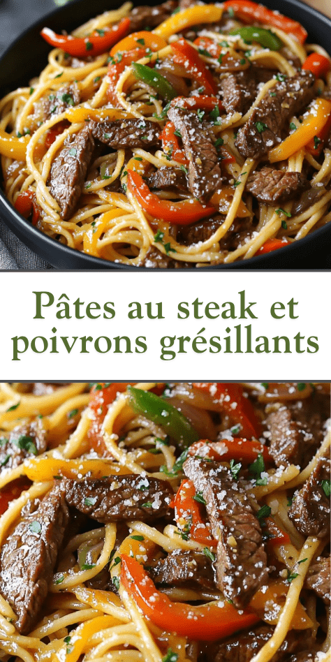 Assiette de pâtes penne avec lanières de steak grillé, poivrons rouges et verts, oignons et sauce crémeuse, parsemée de parmesan et de persil frais.