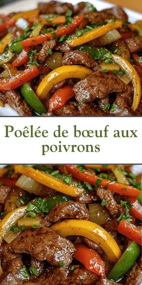 Poêlée de lanières de bœuf et de poivrons rouges, jaunes et verts, accompagnée d’oignon émincé, servie dans une grande poêle noire sur une table en bois rustique.