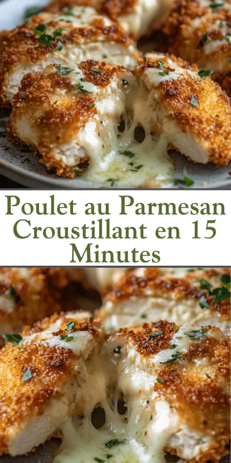 Blanc de poulet pané doré, coupé en deux laissant couler un cœur de fromage fondant, servi avec des herbes fraîches et une purée de pommes de terre sur une assiette rustique.