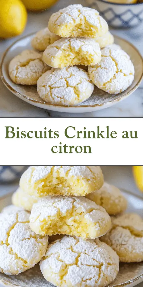 Biscuits crinkle au citron, jaunes et craquelés, posés sur une grille de refroidissement, enrobés de sucre glace, avec des zestes de citron frais.