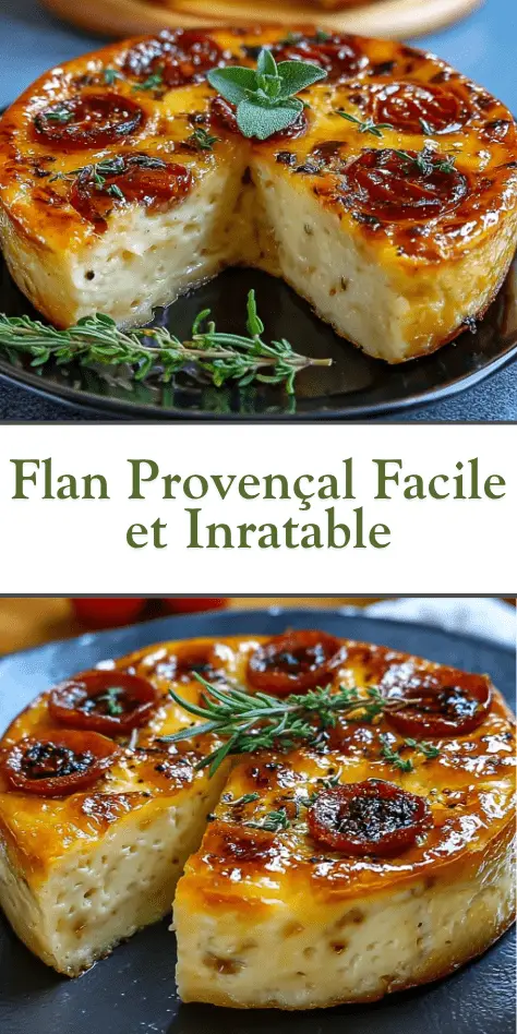 Flan provençal doré et moelleux aux légumes méditerranéens, servi dans un plat en céramique avec une garniture de fromage gratiné et d’herbes de Provence.