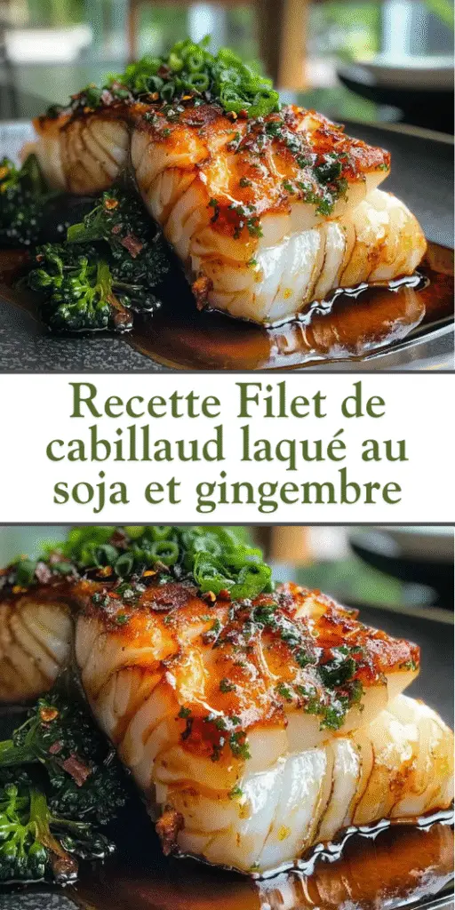 Filets de cabillaud laqués au soja et gingembre, parsemés de graines de sésame et d’oignons verts, servis avec du riz blanc et des quartiers de citron vert.