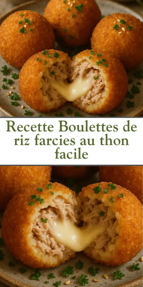 Boulettes de riz dorées farcies au thon et à la mozzarella, servies chaudes et croustillantes sur un plat, accompagnées d’herbes fraîches.
