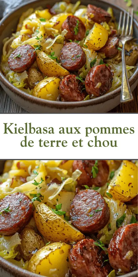 Poêlée de saucisse kielbasa fumée, pommes de terre fondantes et chou doré, servie chaude dans un grand plat familial, garnie de persil frais.