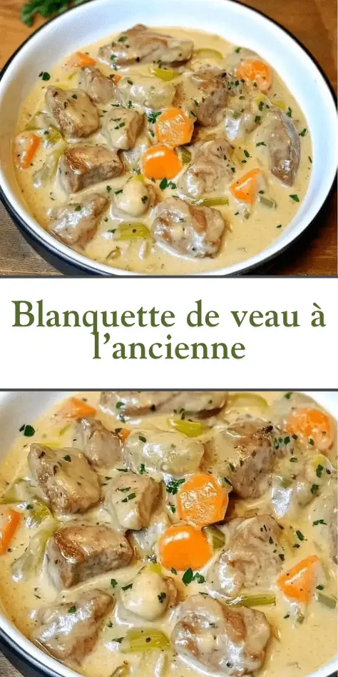 Blanquette de veau à l’ancienne servie dans une cocotte, viande fondante, légumes colorés et sauce blanche onctueuse, parsemée de persil frais.