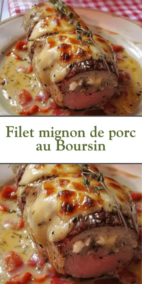 Filet mignon de porc au Boursin gratiné, nappé de sauce crémeuse, coupé en tranches et servi chaud avec pommes de terre rôties.