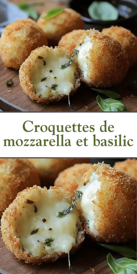 Croquettes de mozzarella dorées et croustillantes, coupées en deux, montrant leur cœur fondant, servies avec sauce tomate et feuilles de basilic frais.