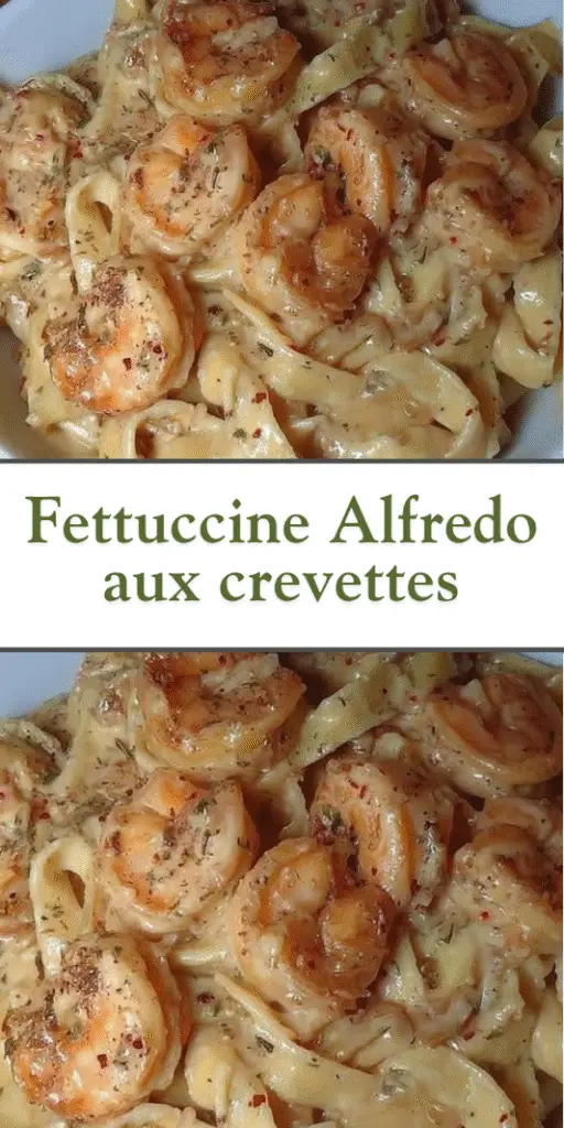 Assiette de fettuccine Alfredo nappées de sauce crémeuse et garnies de crevettes roses et persil frais, servies bien chaudes.