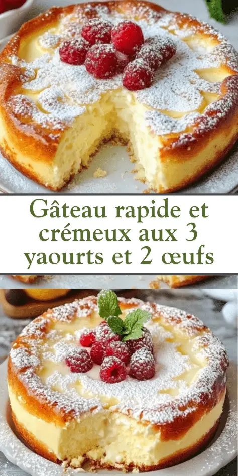 Gâteau moelleux et doré aux 3 yaourts, tranché, montrant une texture fondante, décoré de sucre glace et accompagné de fruits frais.