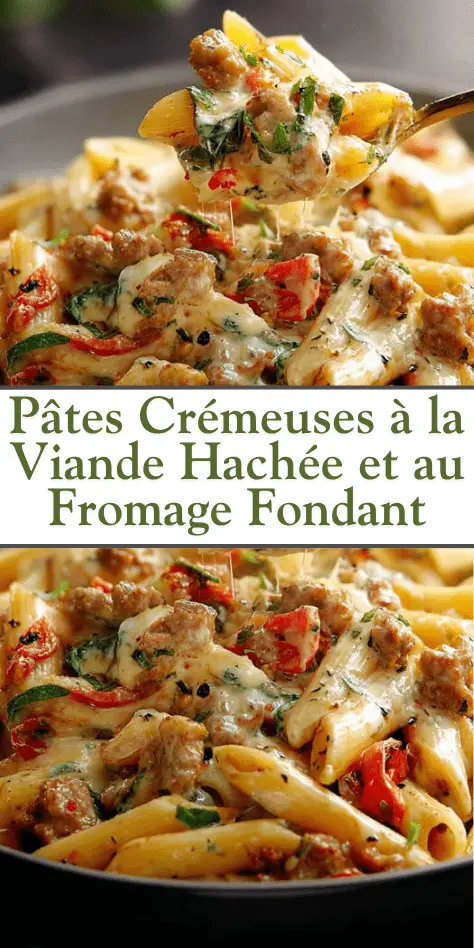 Assiette de pâtes penne nappées de sauce crémeuse à la viande hachée, gratinées au fromage fondant, décorées de basilic frais.