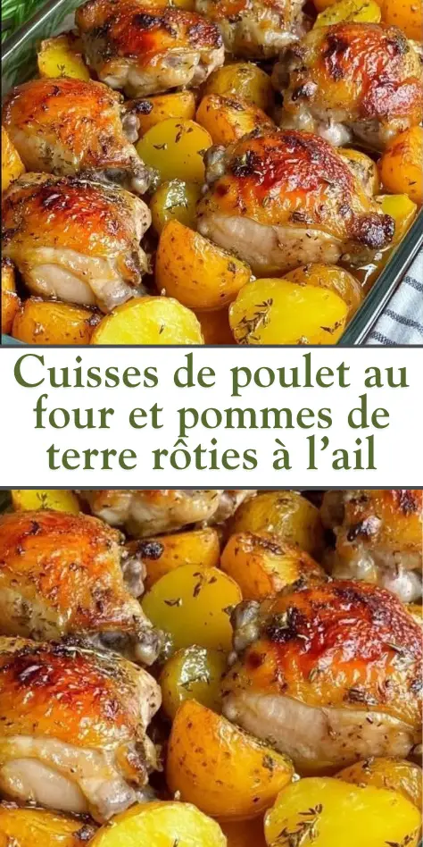 Cuisses de poulet dorées au four, servies sur lit de pommes de terre rôties, décorées de persil frais et quartiers de citron.
