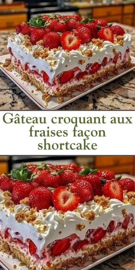 Gâteau aux fraises ultra moelleux recouvert de crème, de fraises fraîches et d’un crumble rose croquant, présenté en parts sur une assiette blanche.