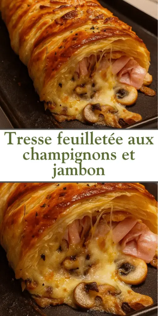 Tresse feuilletée dorée, tranchée, dévoilant une garniture crémeuse aux champignons et jambon, parsemée de graines et servie avec une salade verte.