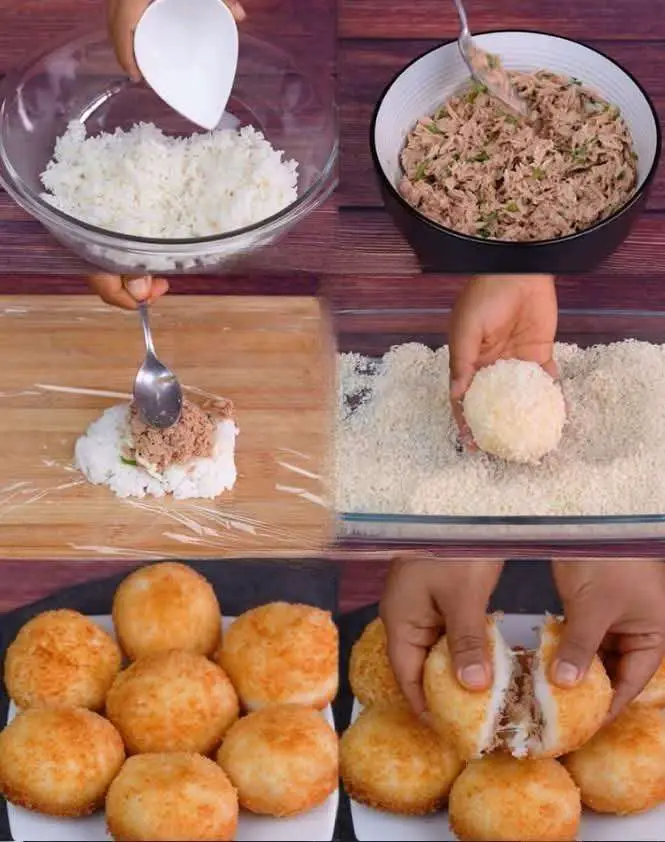 Boulettes de riz dorées farcies au thon et à la mozzarella, servies chaudes et croustillantes sur un plat, accompagnées d’herbes fraîches.