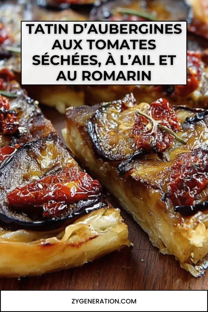 Tatin d’aubergines aux tomates séchées, dorée et fondante, servie sur une assiette blanche avec salade verte et herbes fraîches.