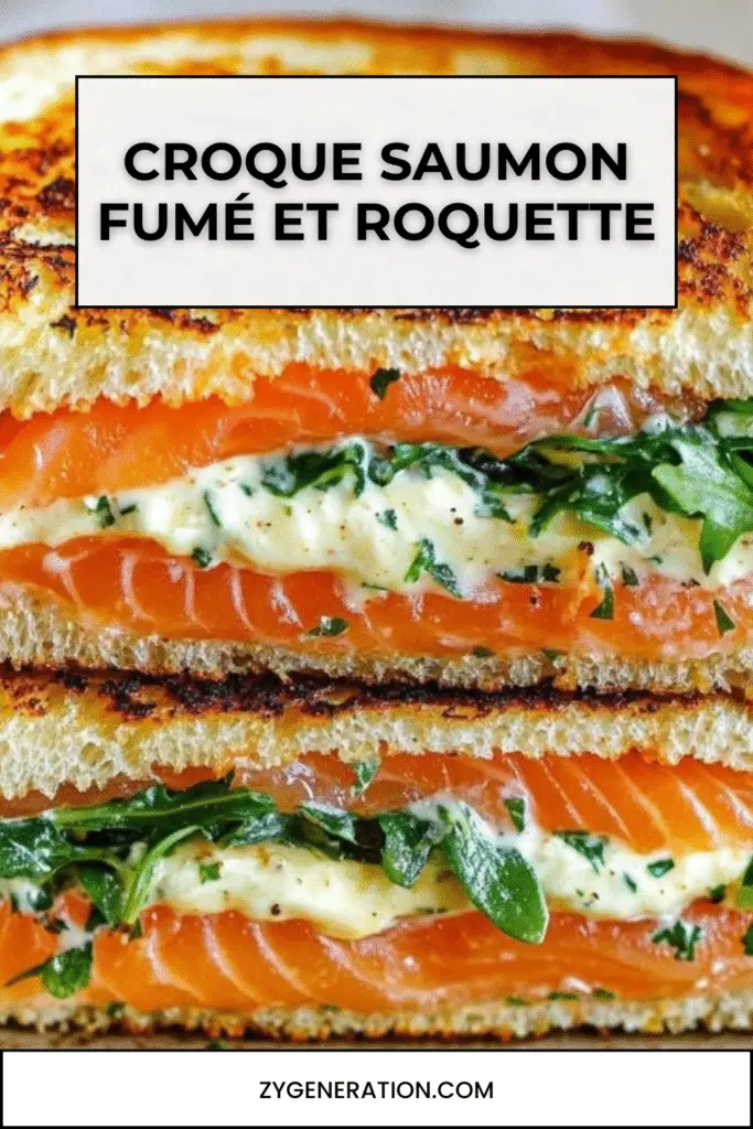 Croque doré au saumon fumé et roquette, coupé en deux, servi sur assiette avec salade verte et rondelles de citron.