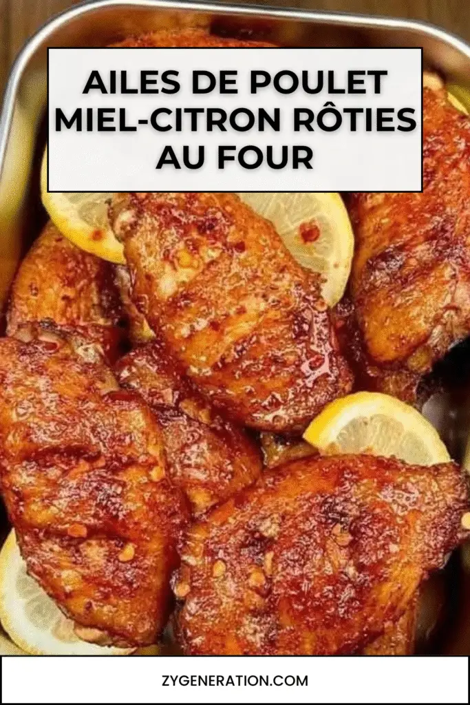 Ailes de poulet dorées nappées de sauce miel-citron, servies chaudes, parsemées de sésame et d’oignons verts sur plat blanc.