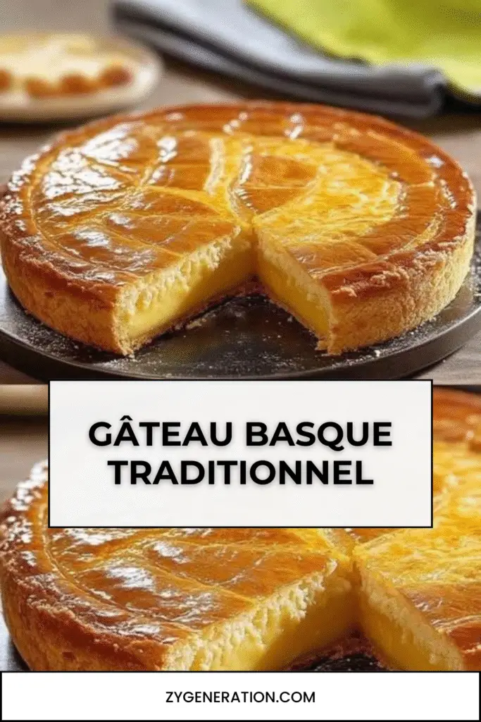 Gâteau basque doré, garni de crème pâtissière, présenté en parts sur une assiette blanche, décoré de croisillons traditionnels.