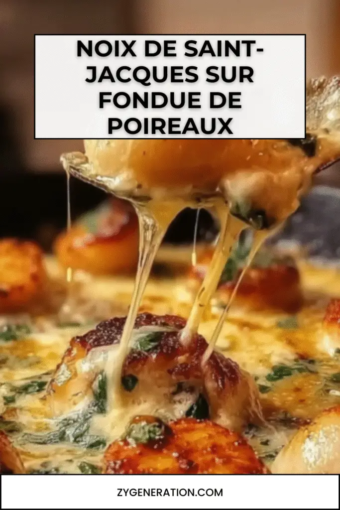 Assiette élégante avec fondue de poireaux crémeuse, noix de Saint-Jacques dorées, crème nappée, piment d’Espelette et fleur de sel.