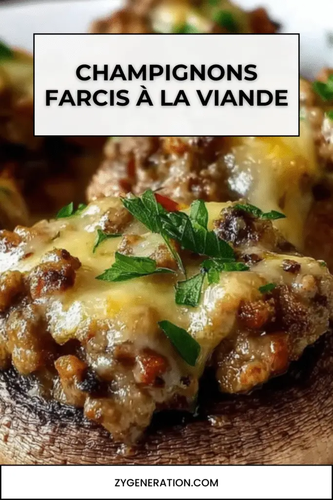 Champignons de Paris farcis à la viande, gratinés au fromage, servis chauds sur assiette, parsemés de persil frais.