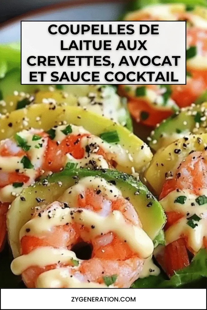 Coupelles de laitue garnies de crevettes, avocat, concombre et tomate, nappées de sauce cocktail, présentées sur un plat coloré.