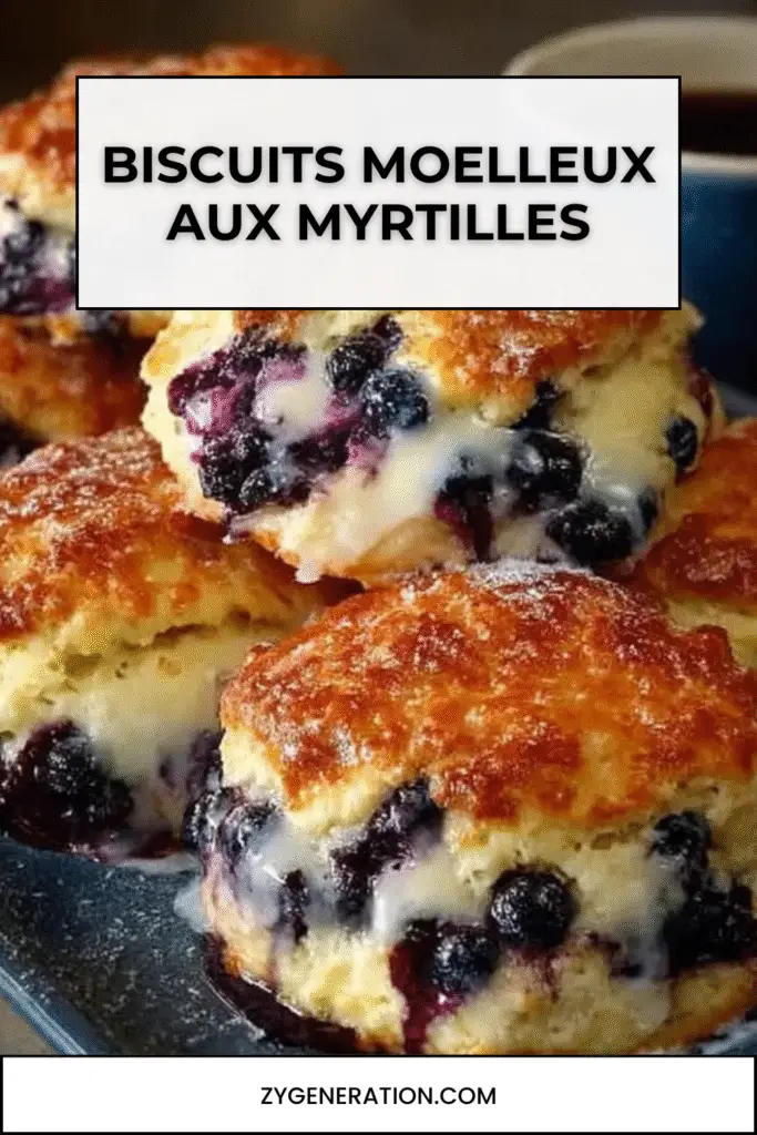 Biscuits dorés aux myrtilles, nappés de glaçage blanc, posés sur une assiette, entourés de myrtilles fraîches et d’un zeste de citron.

