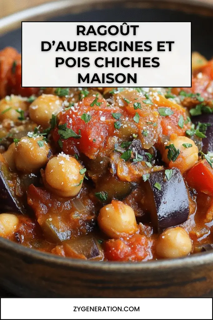 Ragoût d’aubergines et de pois chiches mijoté avec des tomates et du cumin.
