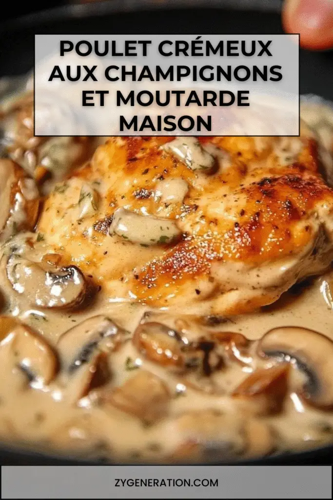 Assiette de poulet crémeux aux champignons et à la moutarde, servi avec riz et persil frais.