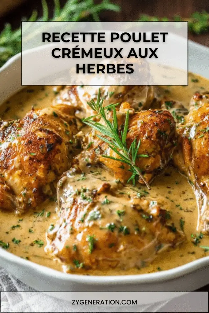 Photo d’un plat de poulet crémeux aux herbes servi avec une sauce onctueuse et des herbes fraîches.
