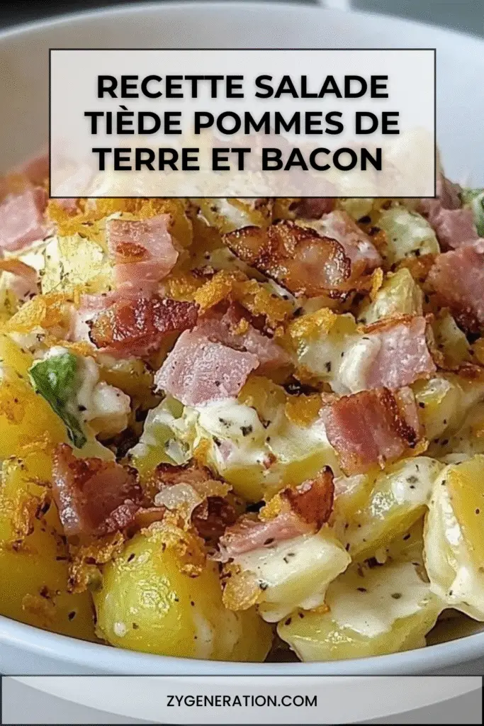 Salade tiède de pommes de terre avec bacon croustillant et oignons frits.