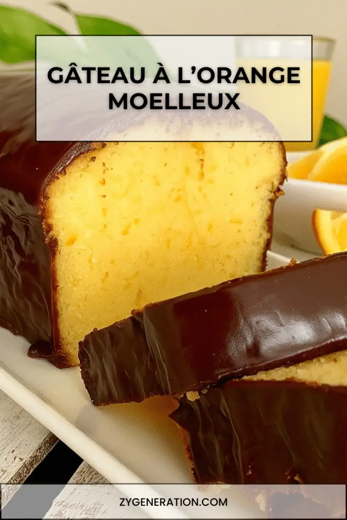Gâteau à l’orange moelleux décoré de zestes et de rondelles d’orange.