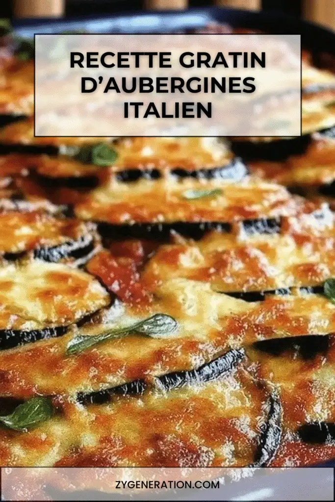 Délicieux gratin d’aubergines à l’italienne, fondant, doré, recouvert de fromage et de basilic frais.