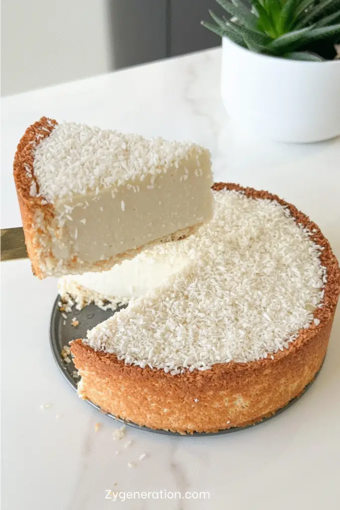 Flan coco épais, fondant, sur base dorée de noix de coco, servi frais et saupoudré de coco râpée sur assiette claire.
