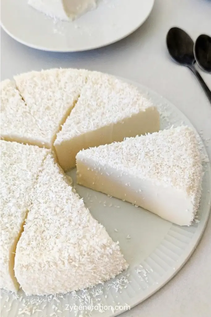 Gâteau fondant à la noix de coco, démoulé, décoré de noix de coco râpée, servi bien frais sur assiette blanche, avec touche exotique.