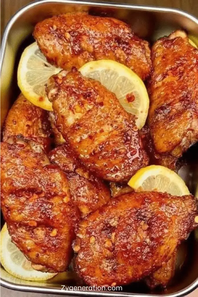 Ailes de poulet dorées nappées de sauce miel-citron, servies chaudes, parsemées de sésame et d’oignons verts sur plat blanc.