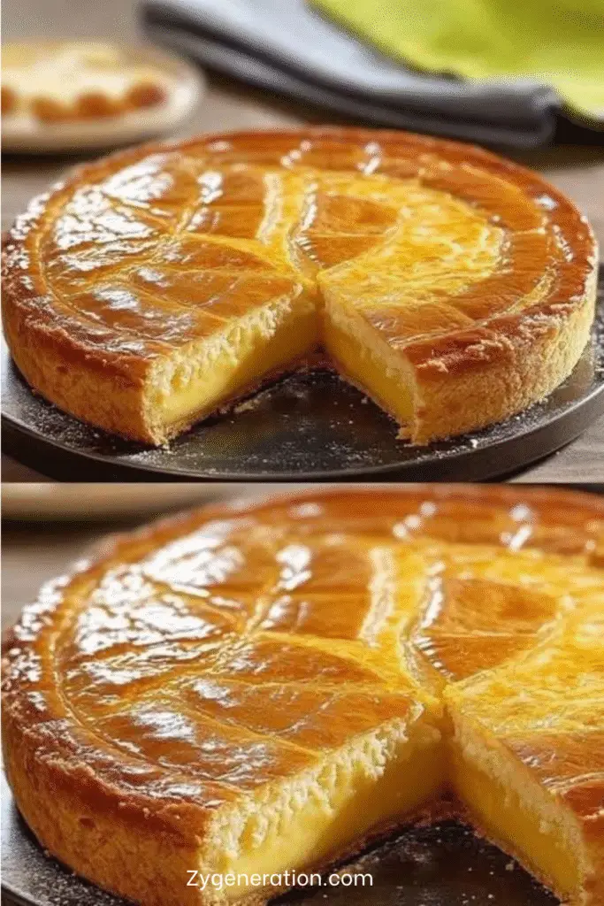 Gâteau basque doré, garni de crème pâtissière, présenté en parts sur une assiette blanche, décoré de croisillons traditionnels.