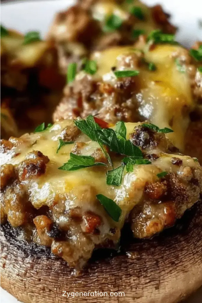 Champignons de Paris farcis à la viande, gratinés au fromage, servis chauds sur assiette, parsemés de persil frais.