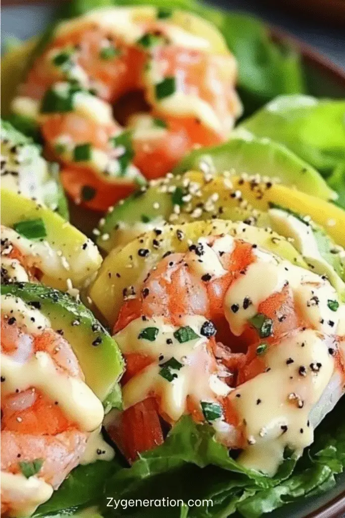 Coupelles de laitue garnies de crevettes, avocat, concombre et tomate, nappées de sauce cocktail, présentées sur un plat coloré.