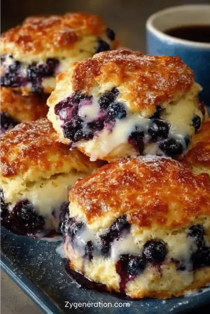 Biscuits dorés aux myrtilles, nappés de glaçage blanc, posés sur une assiette, entourés de myrtilles fraîches et d’un zeste de citron.

