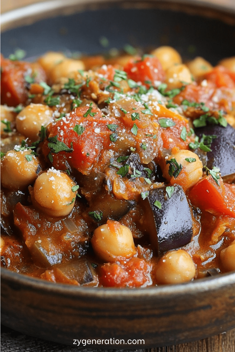 Ragoût d’aubergines et de pois chiches mijoté avec des tomates et du cumin.