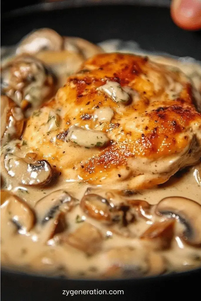Assiette de poulet crémeux aux champignons et à la moutarde, servi avec riz et persil frais.