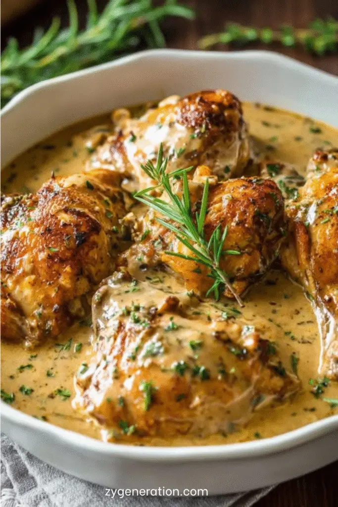 Photo d’un plat de poulet crémeux aux herbes servi avec une sauce onctueuse et des herbes fraîches.