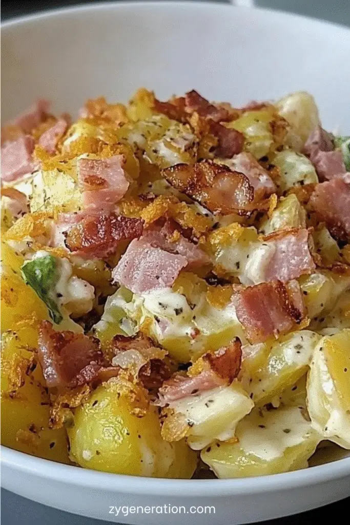 Salade tiède de pommes de terre avec bacon croustillant et oignons frits.