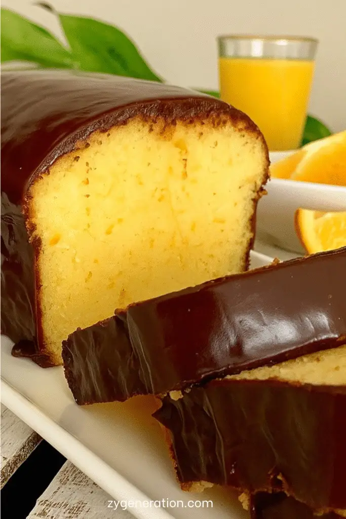 Gâteau à l’orange moelleux décoré de zestes et de rondelles d’orange.