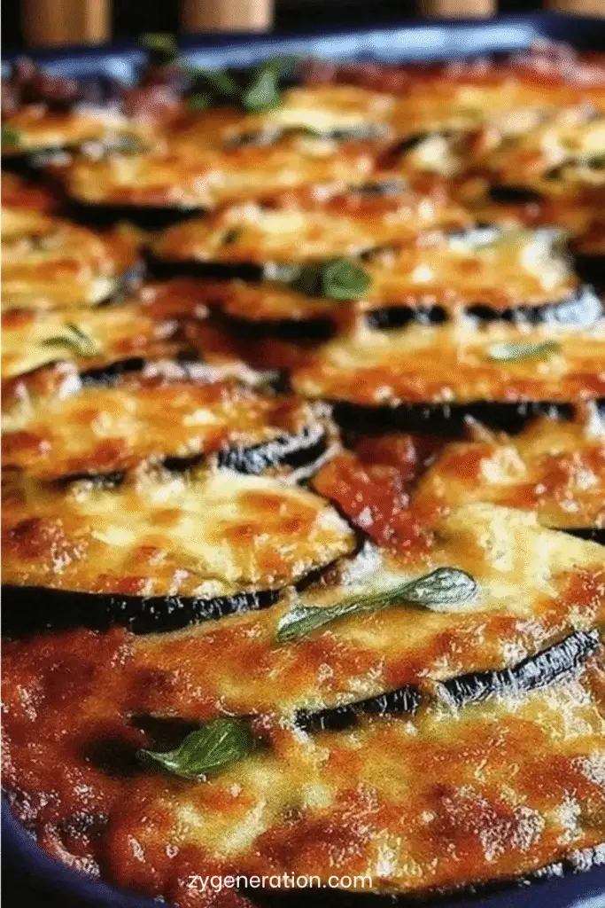 Délicieux gratin d’aubergines à l’italienne, fondant, doré, recouvert de fromage et de basilic frais.
