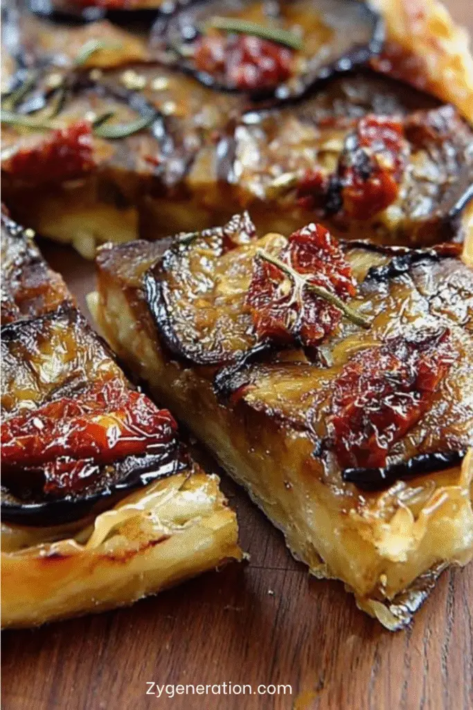 Tatin d’aubergines aux tomates séchées, dorée et fondante, servie sur une assiette blanche avec salade verte et herbes fraîches.