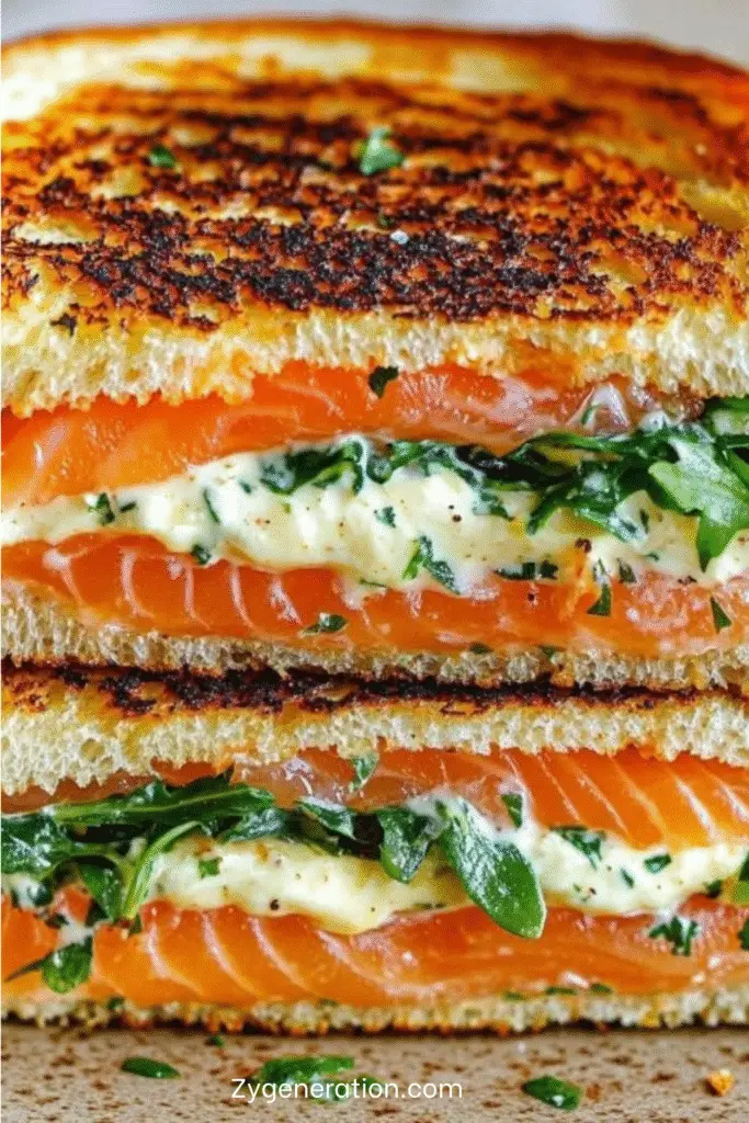 Croque doré au saumon fumé et roquette, coupé en deux, servi sur assiette avec salade verte et rondelles de citron.